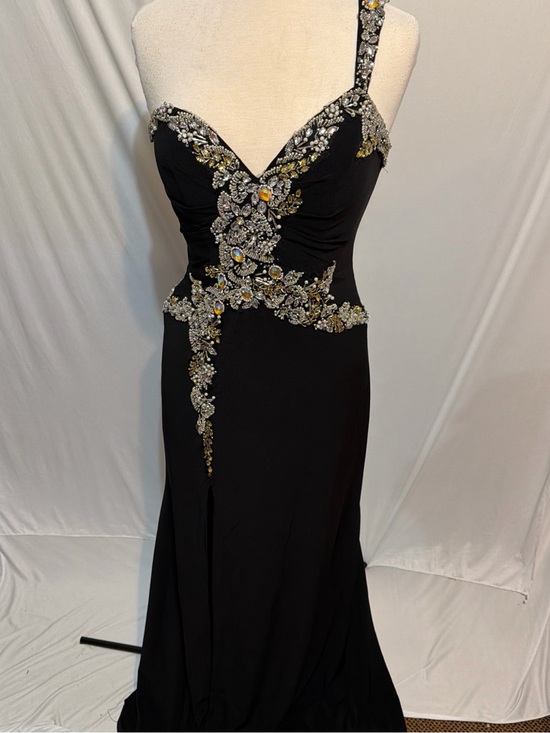 May Queen Dresses & Skirts - May Queen Black One-Shoulder Evening Gown with Silver & Gold Embellishments